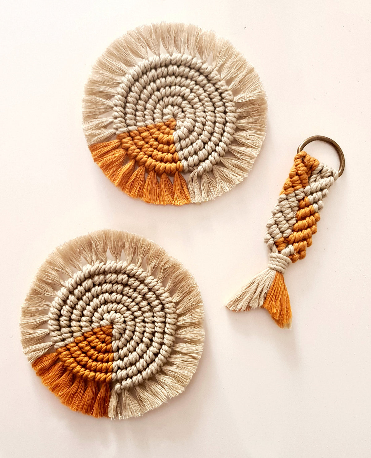 White and Yellow Round Coaster and Key Chain (Set of 3)