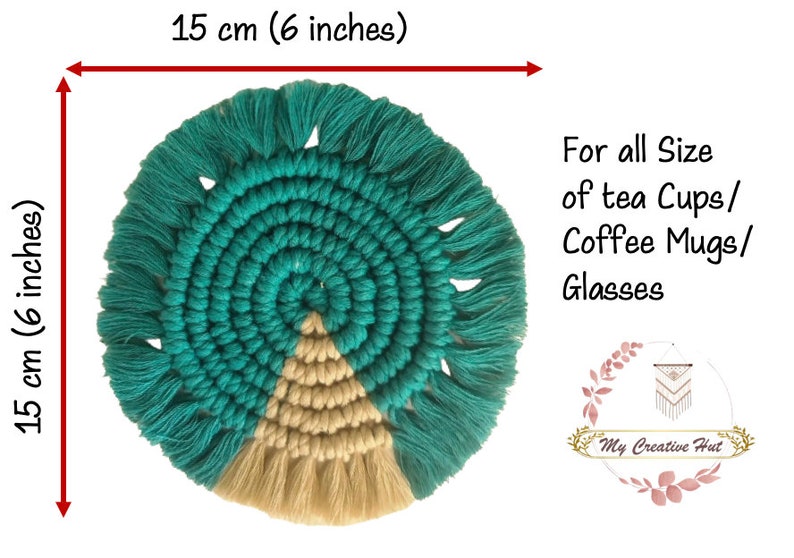 Macrame Round Coasters Bohemian Style, Handmade, for Coffee Mugs, Tea Cups, Cocktail Glasses (6Pcs, Teal-Beige)