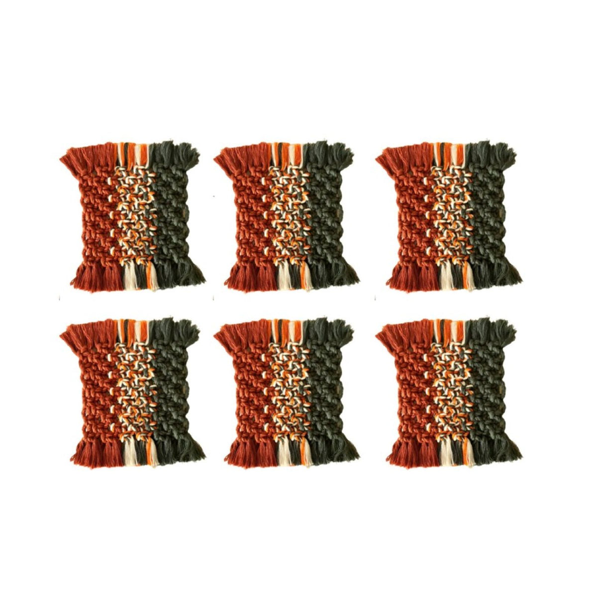 Macrame Round Coasters Bohemian Style, Handmade, for Coffee Mugs, Tea Cups, Cocktail Glasses (6Pcs, Red-Green)
