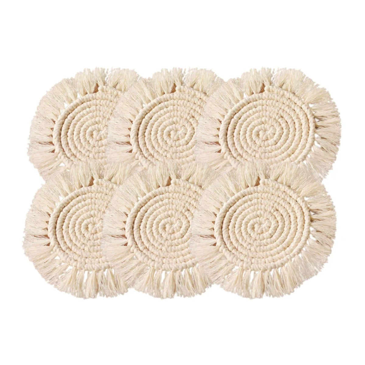 Macrame Round Coasters Bohemian Style, Handmade, for Coffee Mugs, Tea Cups, Cocktail Glasses (6Pcs, Off White)