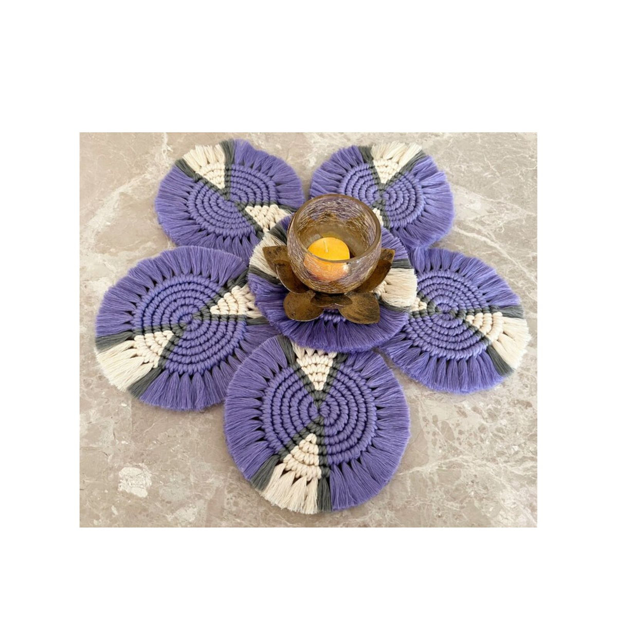 Macrame Round Coasters Bohemian Style, Handmade, for Coffee Mugs, Tea Cups, Cocktail Glasses (6Pcs, Purple-OffWhite)