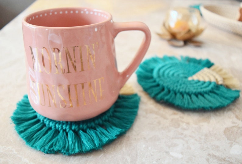 Macrame Round Coasters Bohemian Style, Handmade, for Coffee Mugs, Tea Cups, Cocktail Glasses (6Pcs, Teal-Beige)